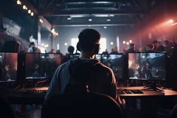 Obraz na płótnie Canvas World Cup.Cybersport team involved in online tournament in gaming club . Team of professional cybersport gamers in gaming tournament Generative AI