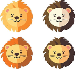 Cute little lion doodle illustration set of funny safari animals on isolated background. Sweet jungle lions sticker collection for baby design or children decoration