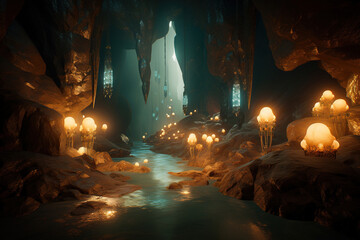 Fantasy gold mine cave. Generative Ai