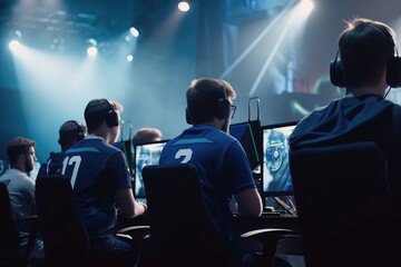 World Cup.Cybersport team involved in online tournament in gaming club . Team of professional cybersport gamers in gaming tournament Generative AI