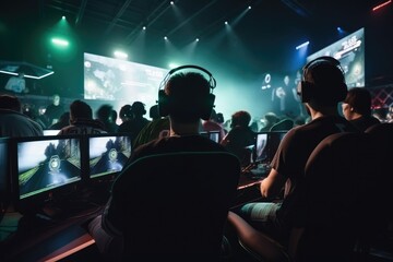 World Cup.Cybersport team involved in online tournament in gaming club . Team of professional cybersport gamers in gaming tournament Generative AI