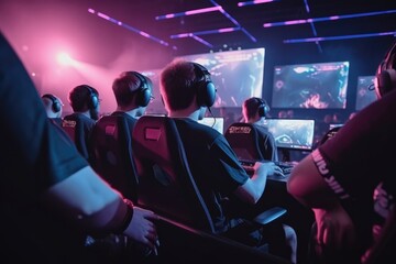 Obraz premium World Cup.Cybersport team involved in online tournament in gaming club . Team of professional cybersport gamers in gaming tournament Generative AI