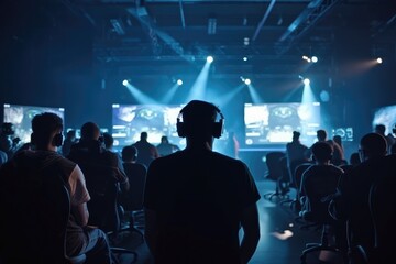 World Cup.Cybersport team involved in online tournament in gaming club . Team of professional cybersport gamers in gaming tournament Generative AI