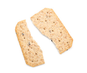 Halves of tasty cracker isolated on white background