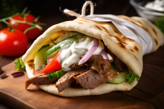 Greek gyro sandwich with juicy, seasoned meat, fresh vegetables, and creamy tzatziki sauce wrapped in warm pita bread, generative ai