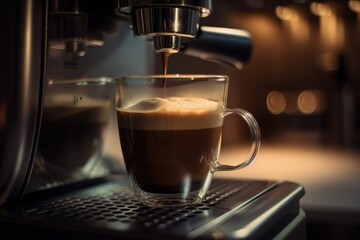 Coffee maker with cup of cappuccino, coffee machine, close-up view of coffee cup, Generative AI
