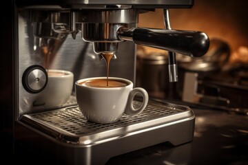 Coffee maker with cup of cappuccino, coffee machine, close-up view of coffee cup, Generative AI
