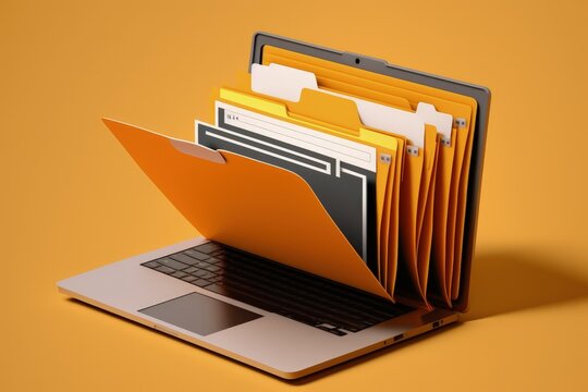 Laptop and file folder, yellow background, Generative AI
