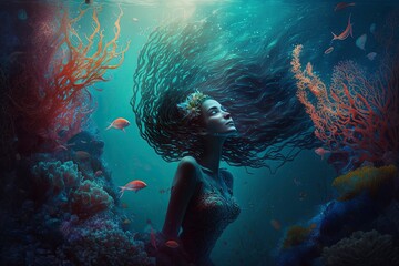 Fototapeta na wymiar Mermaid swimming near corals and fish, Generative AI