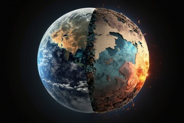 Planet earth with one half destroyed and one half preserved,  earth day concept, environment preservation concept, Generative AI