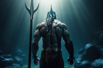 Fototapeta na wymiar Poseidon with his trident in the sea, Poseidon in the water with his scepter, Generative AI