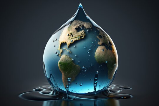 Planet earth in the shape of a water drop, world water day, concept of environmental preservation and water saving, Generative AI