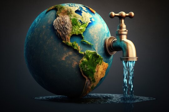 Planet earth with faucet, world water day, concept of environmental preservation and water saving, Generative AI