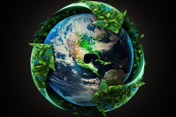 Fototapeta premium Recycling symbol with planet Earth in the middle, Earth's Day, environment preservation concept, Generative AI