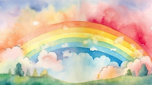 Colorful Watercolor Background with Clouds and Rainbow - Generative AI