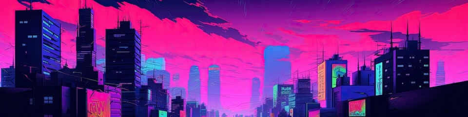 City background in vaporwave and synthwave style, city ​​wallpaper, Generative AI
