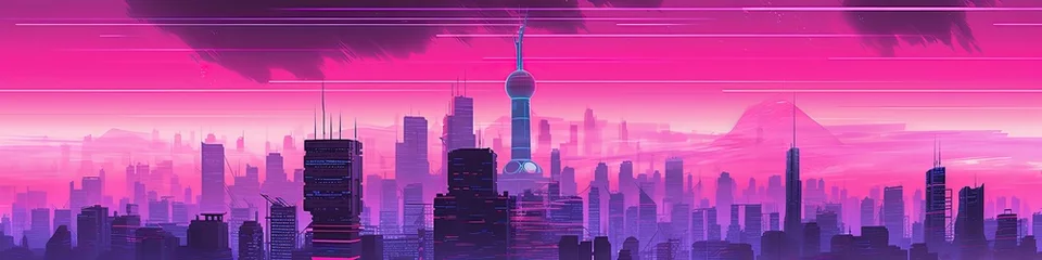 Foto op Plexiglas anti-reflex City background in vaporwave and synthwave style, city ​​wallpaper, Generative AI © Kaleb