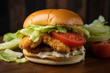 Fried catfish sandwich with a crispy cornmeal coating, lettuce, tomato, and a spicy remoulade sauce, generative ai