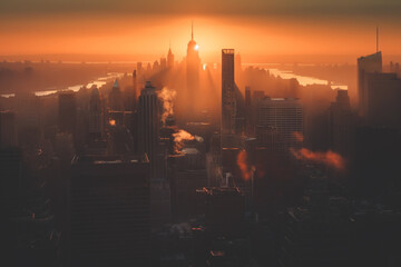 New York city skyscrapers. New York skyscraper at sunset. NYC Cityscape financial district. United States Manhattan Skyline, Ai Generative illustration