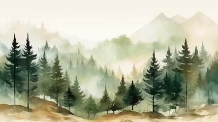 Papier Peint photo Kaki Serene Watercolor Forest Landscape with Mountains, Pine Trees, and Deer - Generative AI