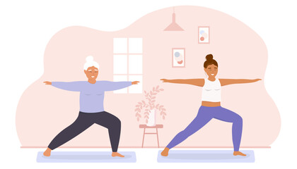 Fototapeta premium Young and elderly women do yoga, do gymnastics. The coach teaches physical activities. Different generations spend time together. Vector graphics.