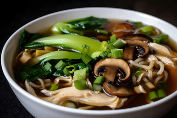 Flavorful Szechuan chicken noodle soup with bok choy, mushrooms, and scallions garnished with sesame seeds and cilantro, generative ai