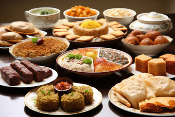 Fototapeta na wymiar Ramadan iftar foods. Generative Ai