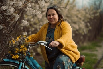 Fototapeta na wymiar A plump woman takes a bike ride through the countryside in spring. Ai generated.