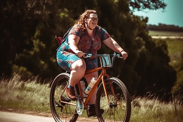 Naklejka premium An obese woman rides a bicycle on a walk in casual clothing, in the spring sunshine. Ai generated.