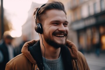 Attractive young bearded man listening to music on the street. Ai generated.