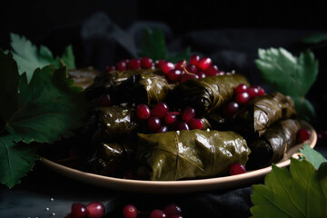 Fototapeta na wymiar Extreme close-up of stuffed grape leaves with mouthwatering filling drizzled with olive oil and sprinkled with sumac and pomegranate seeds, generative ai