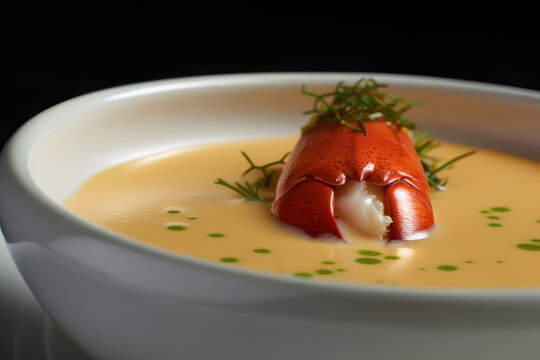 Extreme close-up of a small dollop of thick cream on top of a lobster bisque soup garnished with a sprig of thyme, generative ai