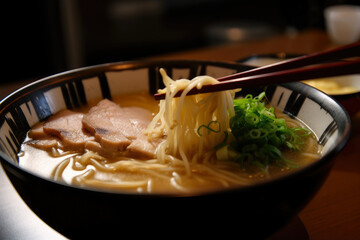 Exquisite detail of a rich miso ramen topped with marinated bamboo shoots, bean sprouts, and slices of juicy pork, generative ai