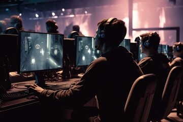 Obraz premium World Cup.Cybersport team involved in online tournament in gaming club . Team of professional cybersport gamers in gaming tournament Generative AI