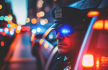 Fototapeta na wymiar Police officer with Police lights in New York. Red and Blue Police lights, Policeman in sunglasses with Police lights reflection. Emergency vehicle lighting. LED blinker flasher in NYC. Ai Generated.