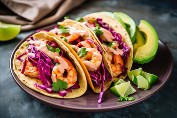 Delicious shrimp tacos with sliced avocado, red onions, and a drizzle of chipotle mayo, served on a colorful plate, generative ai