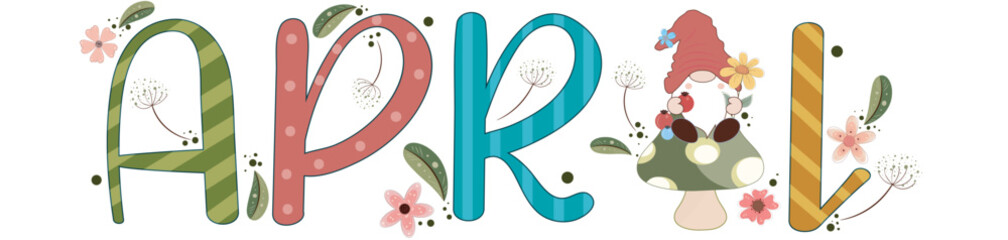  Hello April with flowers, gnome and leaves. Illustration April Month