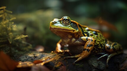 Fototapeta premium Frog on a mossy tree on a wet day Generative AI