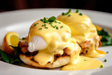 delicious close-up of Eggs Benedict with juicy crab cakes, tangy remoulade sauce, and perfectly poached eggs on a bed of buttery brioche toast, generative ai