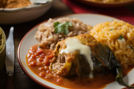 Delicious close-up of a golden-brown battered Chiles Rellenos stuffed with seasoned beef and served with rice and beans on the side, generative ai