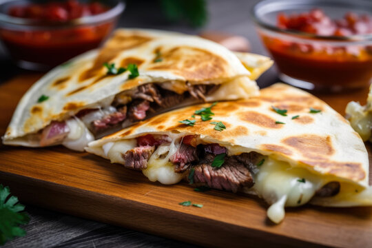 Delicious Close-up Of A Mini Quesadilla Slider Filled With Tender Steak, Melted Cheese, And Grilled Onions, Served On A Wooden Board With A Side Of Spicy Salsa, Generative Ai