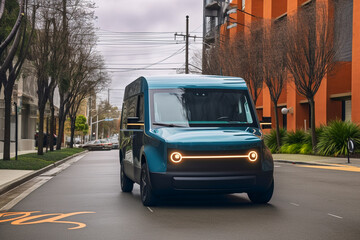 Fototapeta premium Electric Van Delivering on road. Driver of Electric cargo van delivers the parcel to the customer. Modern Delivery truck. Electric delivery van in New York City. Ai Generative illustration.