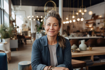 Portrait of woman small business owner in furniture store. Generative AI. 