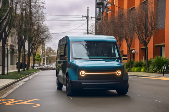 Electric Van Delivering on road. Driver of Electric cargo van delivers the parcel to the customer. Modern Delivery truck. Electric delivery van in New York City. Ai Generative illustration.