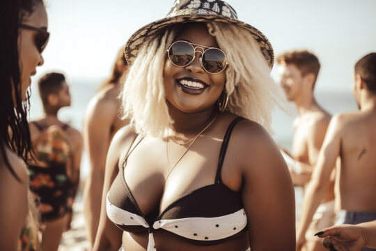 Portrait of curvy Black woman smiling at a summer beach party. Generative AI.