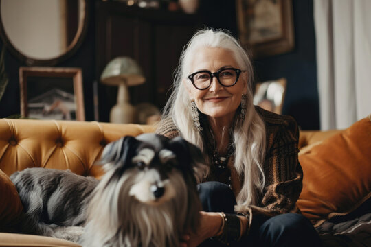 Portrait of senior woman with her dog at home in living room. Generative AI. 