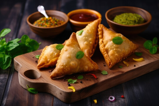 Delicious and crispy samosas with a spicy filling, served on a wooden plate with chutney and fresh herbs, generative ai
