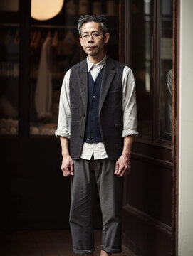 Portrait of stylish mature small business Japanese man in his retail store. Generative AI.
