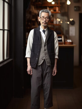 Portrait of stylish small business senior Japanese man in his retail shop. Generative AI.