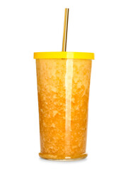 Glass of healthy orange smoothie isolated on white background
